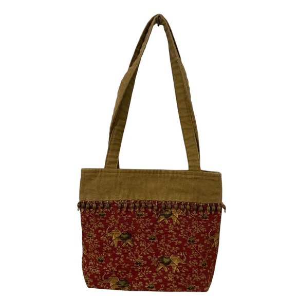 The Unbranded Brand Handbags - Elephant Purse Tote  Bag Tan Maroon Beads Safari African Pockets Inside Zipper